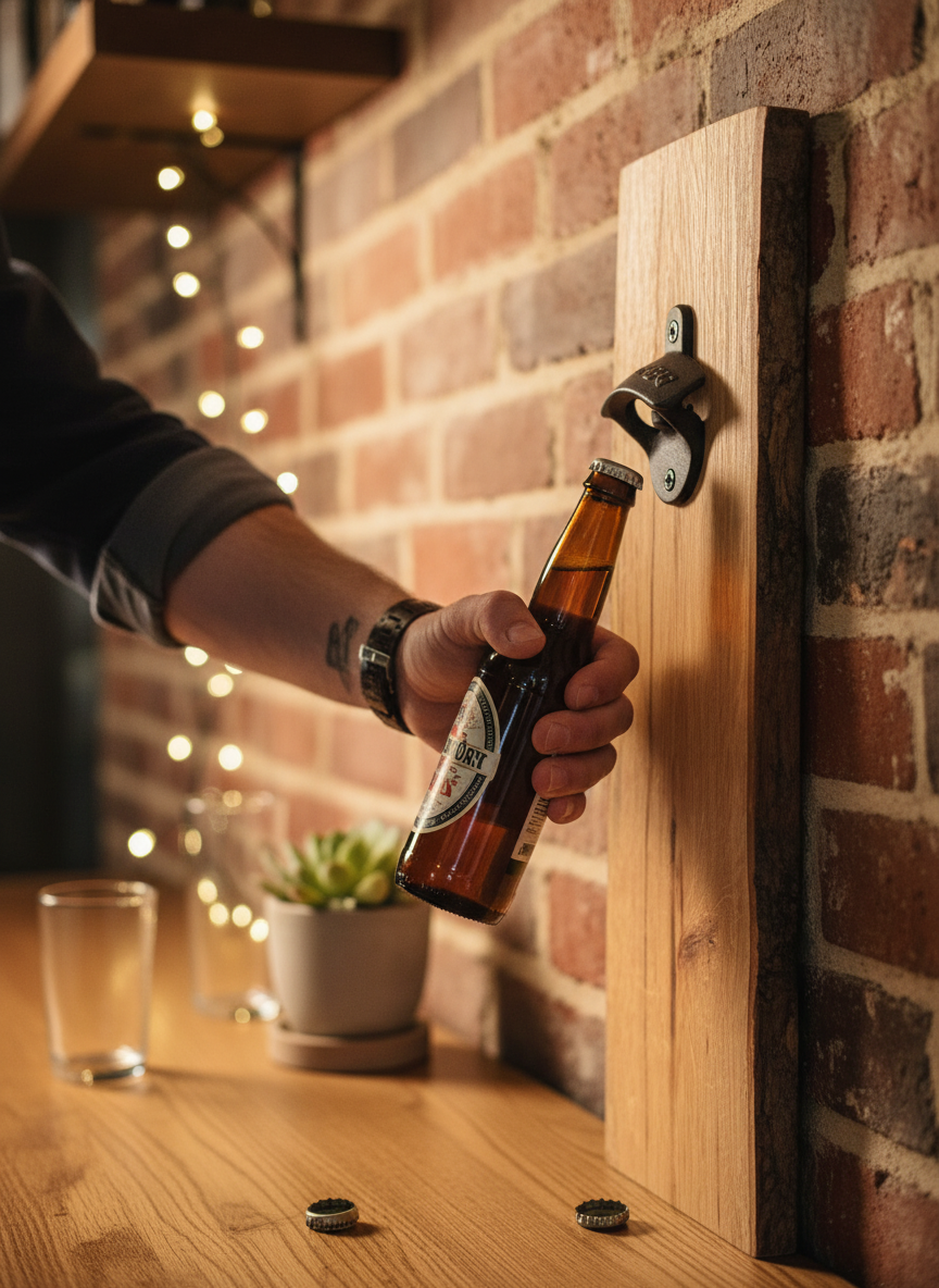 Wall Mounted Bottle Opener - Red Oak Live Edge