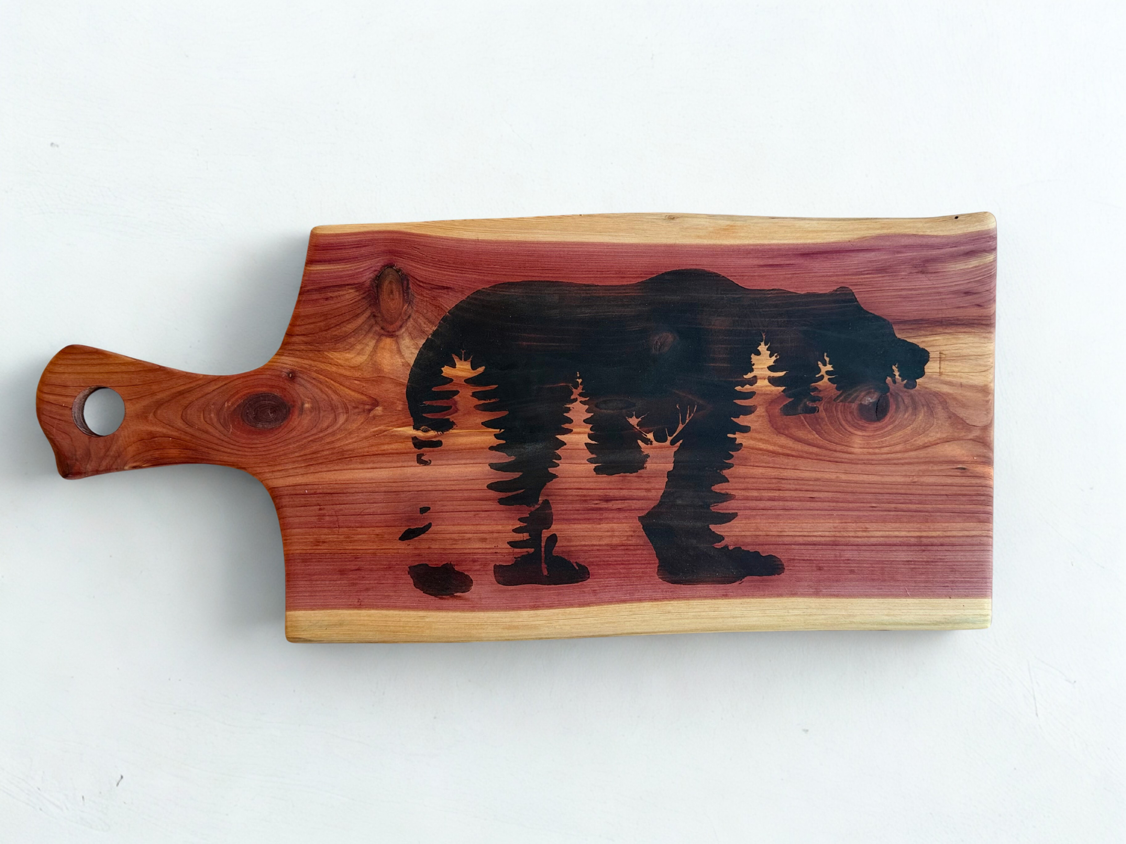 Cedar Charcuterie Board w/ Wood Handle & Bear Scene