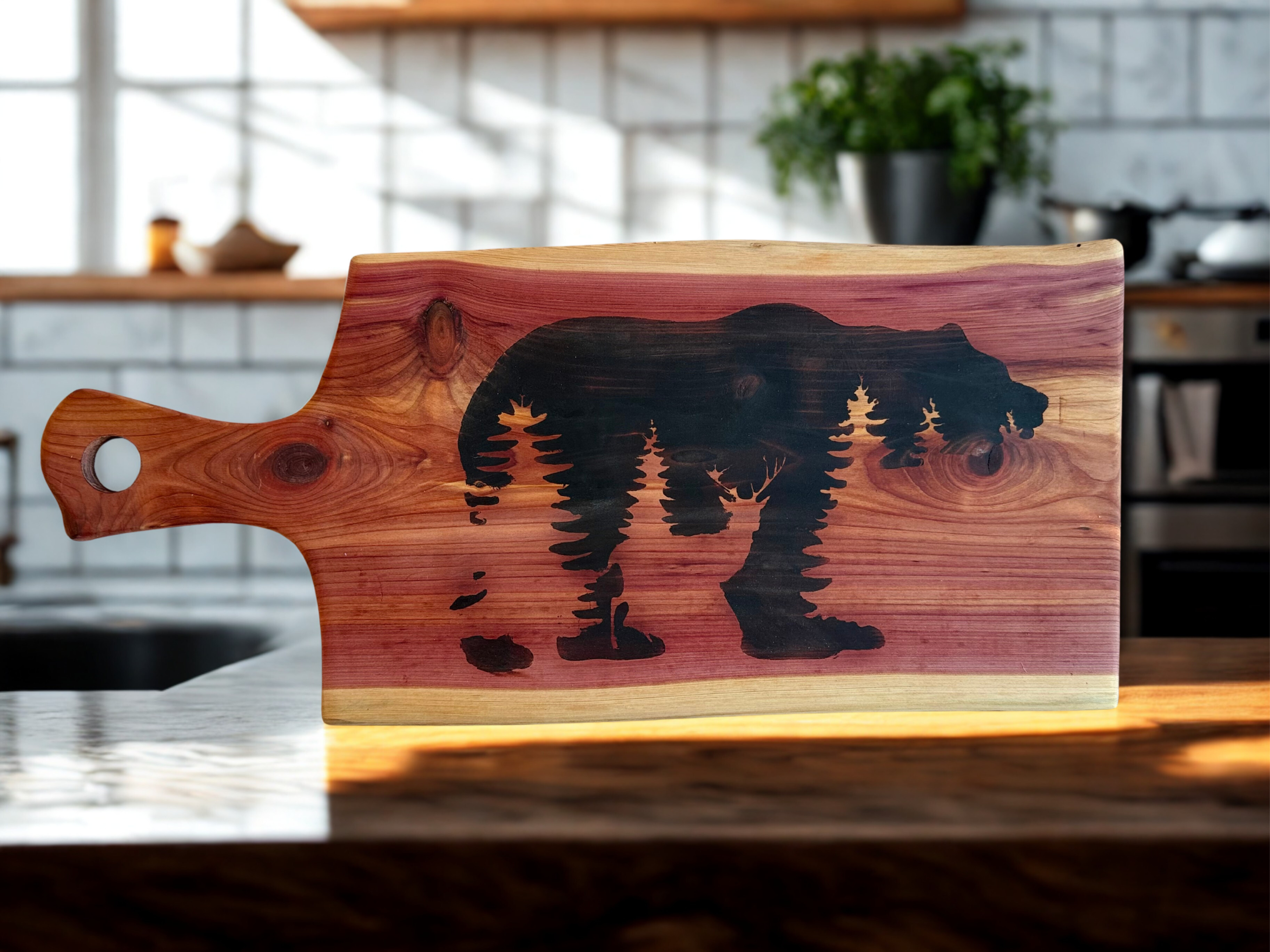 Cedar Charcuterie Board w/ Wood Handle & Bear Scene